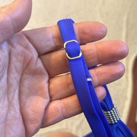 CARMEN MARC VALVO Bright Blue One Piece Swimsuit Deep V Ruched Slimming 12 - Picture 6 of 10